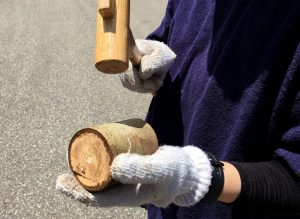 Bark collection, Kitakata, Fukushima - Tapping the bark to separate it from the wood
