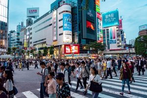 Crowded rush-hour street in Tokyo.