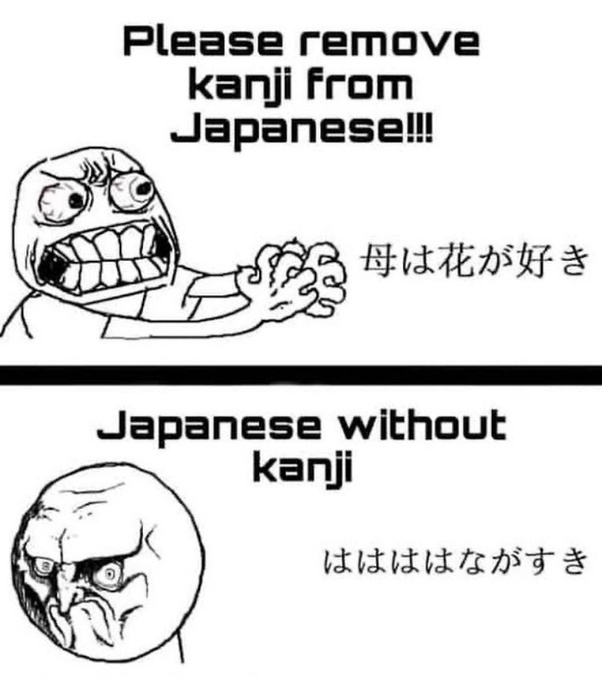 A meme showing the difference between Japanese with and without kanji, emphasizing the importance of kanji in making sense of the language.