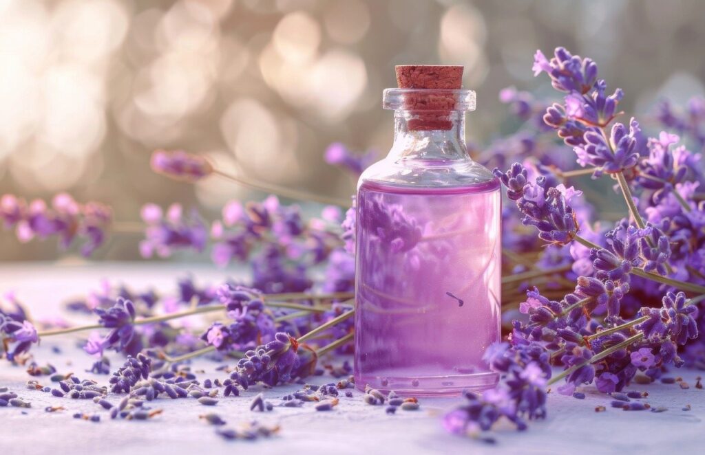 A small bottle of lavender essential oil surrounded by fresh lavender flowers.