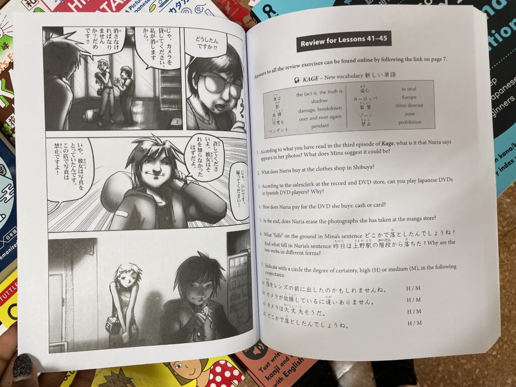 A page from a manga-based Japanese language learning book, featuring comic-style panels and language lessons.