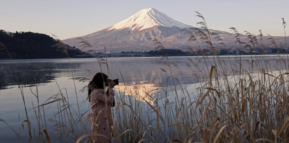 A person taking a photo of Mount Fuji by the lake with reeds in the foreground.