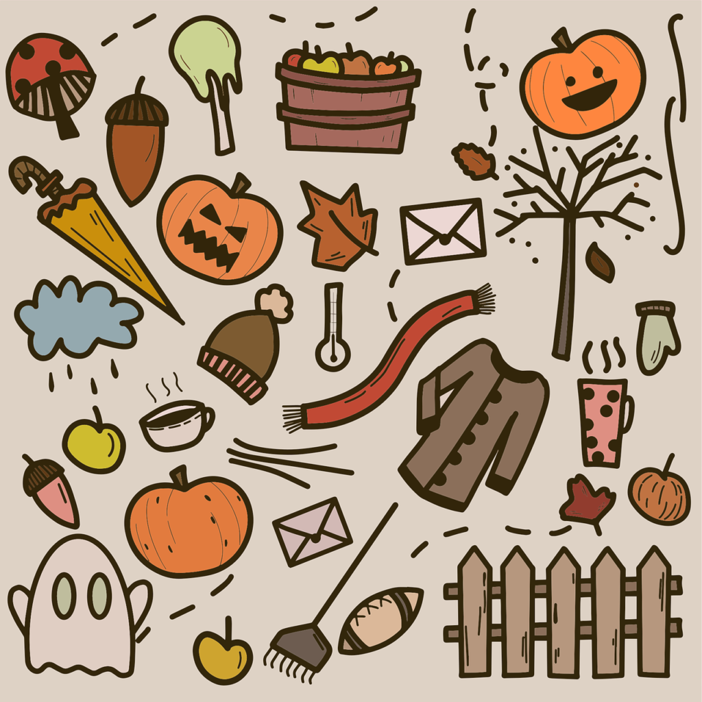 A collection of autumn and Halloween-themed illustrations, including pumpkins, leaves, acorns, a ghost, and a scarf in Halloween Osaka.