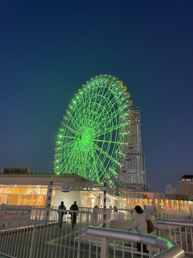 A large illuminated Ferris wheel at night with a backdrop of buildings. Title: Rinku Town Ferris Wheel at Night