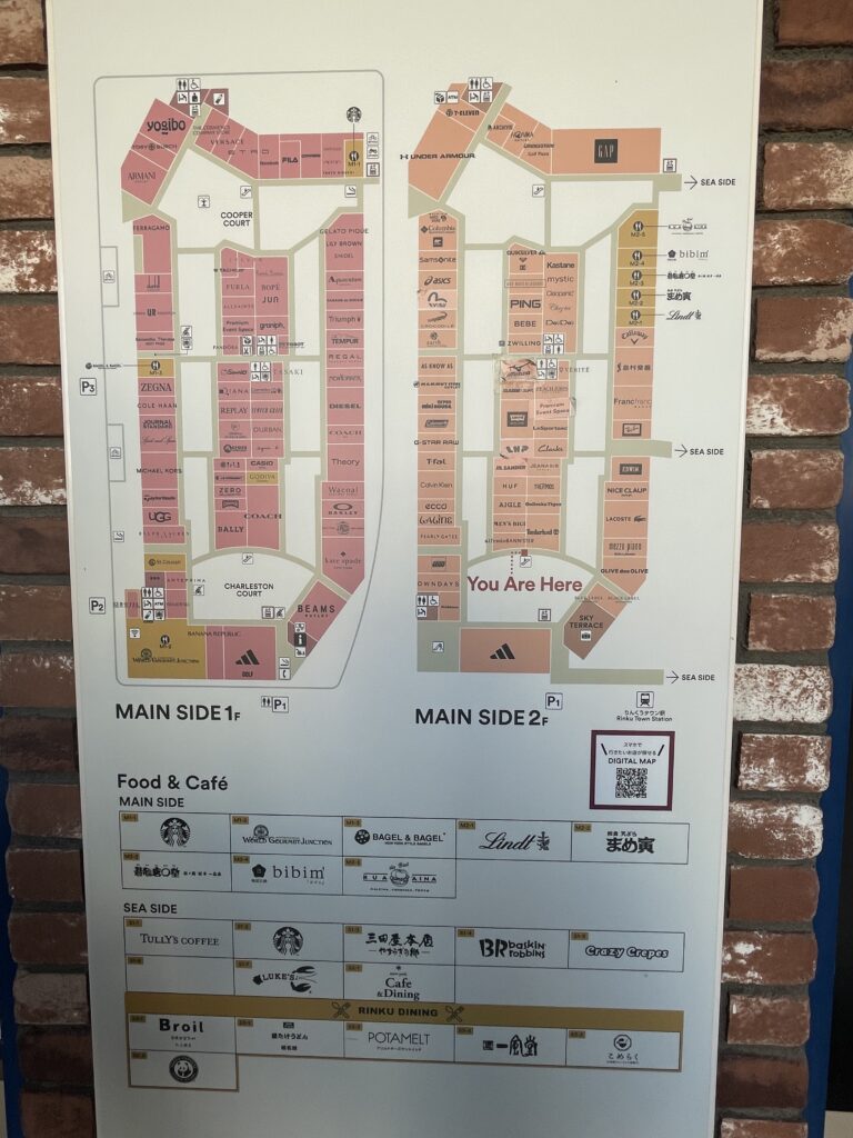 A detailed floor map of the Rinku Premium Outlets with store names and layout. 