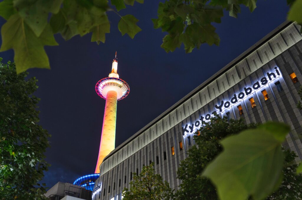 Kyoto Tower Illuminated at Night