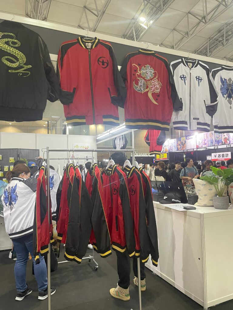 Stylish jackets featuring game-themed designs on display at TGS 2024.