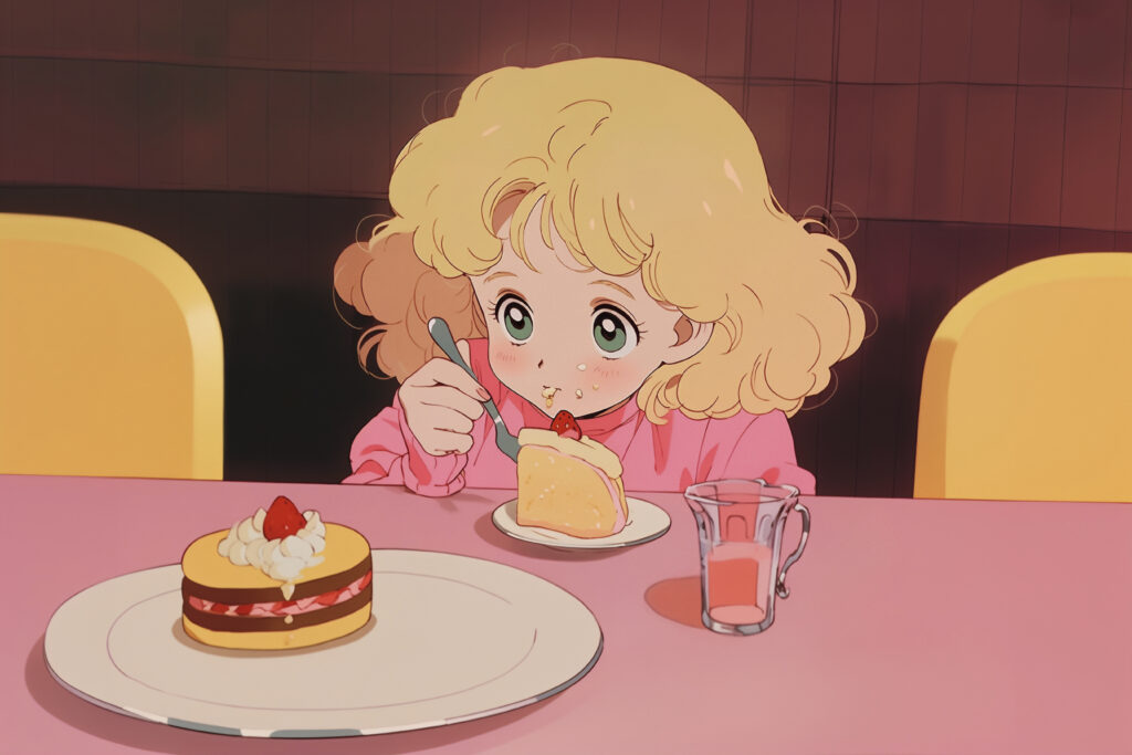 Young girl enjoying a dessert at a cafe, reminiscent of the welcoming and cozy experience offered in Japanese maid cafes.