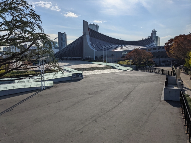 Wide view of the Yoyogi National Gymnasium, an iconic building constructed for the 1964 Tokyo Olympics.