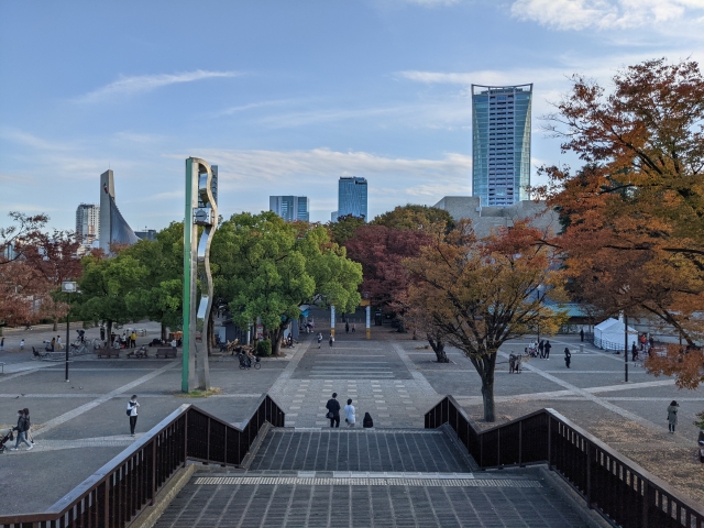  View of Yoyogi Park entrance with autumn trees, open walkways, and skyscrapers in the background.