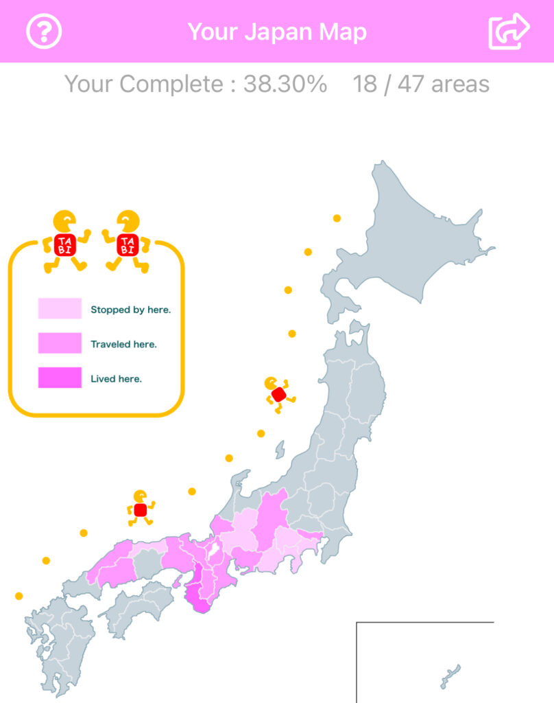 A travel app map displaying traveled regions in Japan with percentage completion.