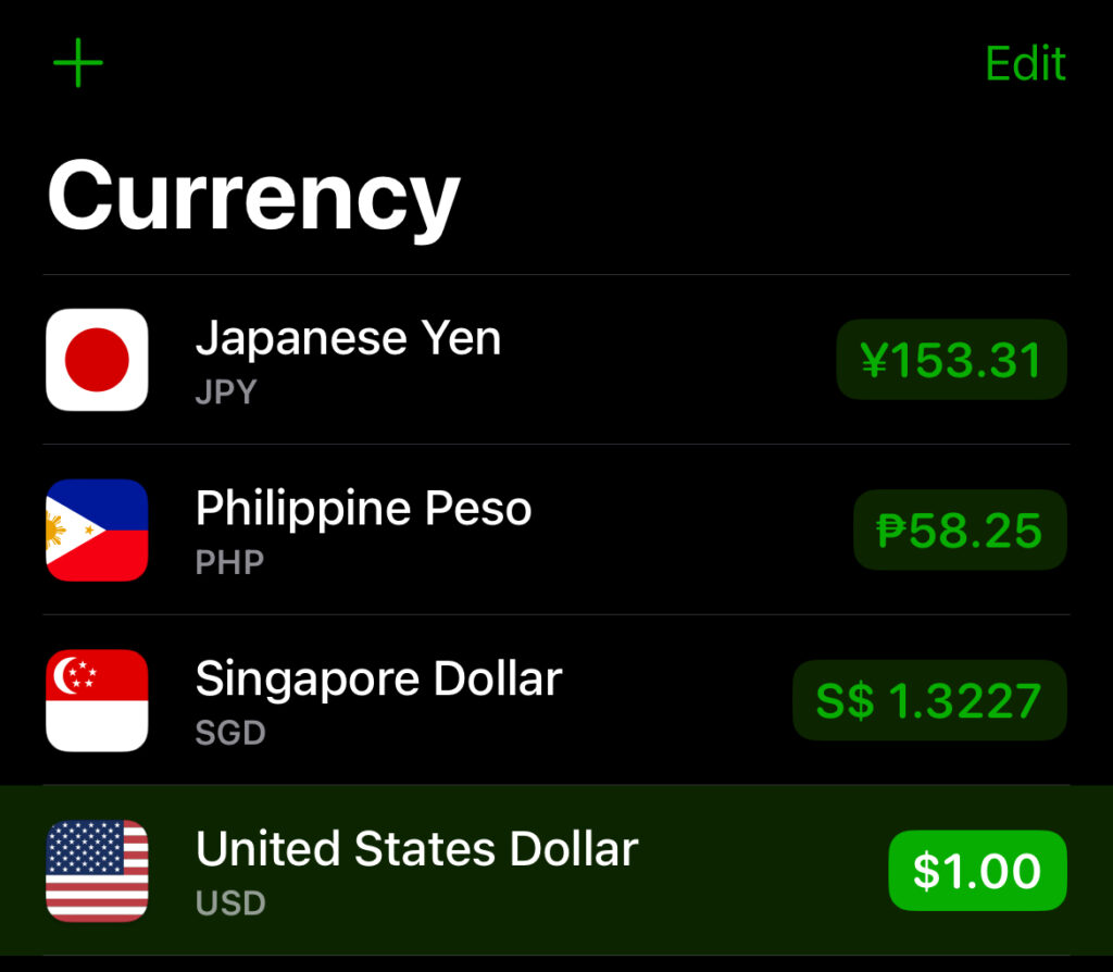 Screenshot of a currency conversion app with rates for Japanese Yen, Philippine Peso, Singapore Dollar, and U.S. Dollar.