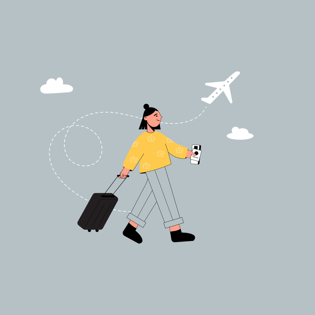 An illustration of a traveler pulling a suitcase and holding a smartphone with an airplane overhead.