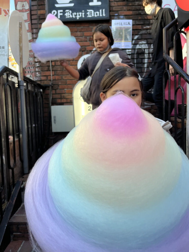 Rainbow-colored spun sugar is one of the quirky treats of Takeshita Dori.