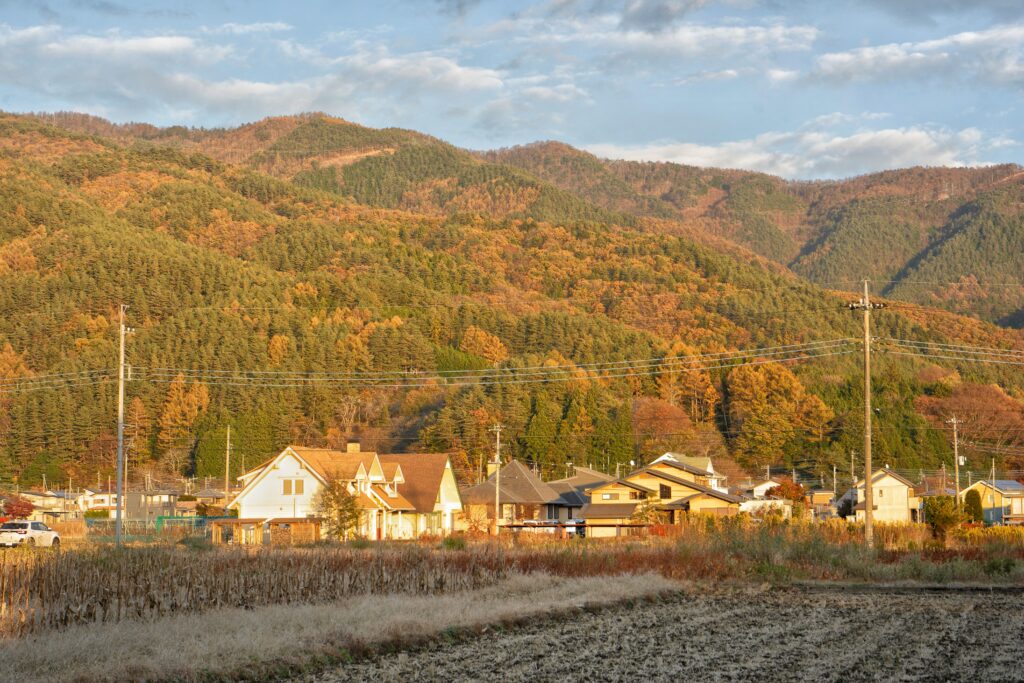 A quaint countryside landscape in Fujikawaguchiko, with charming houses set against rolling hills blanketed in golden autumn hues.