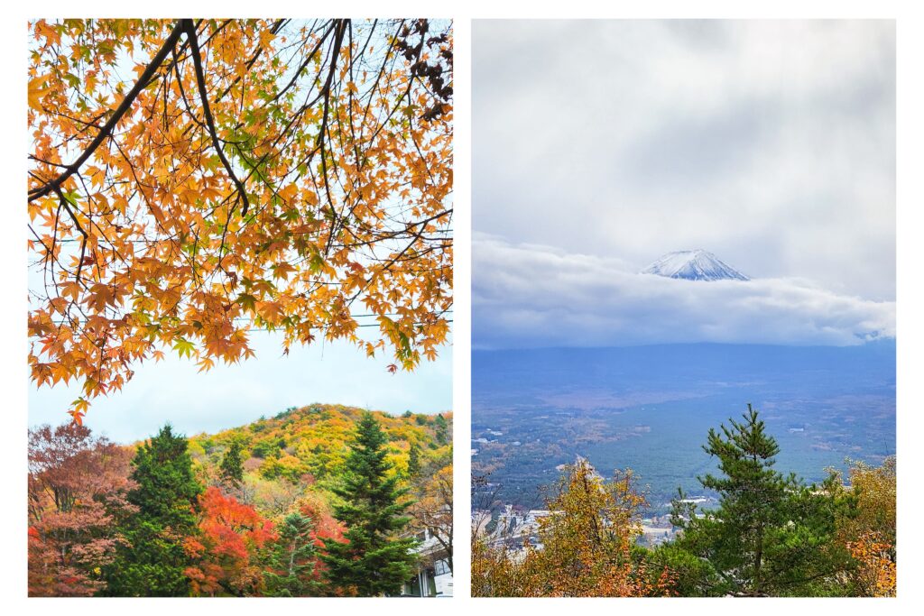 Vibrant orange and red autumn leaves framing a scenic view of Mt. Fuji shrouded in clouds.