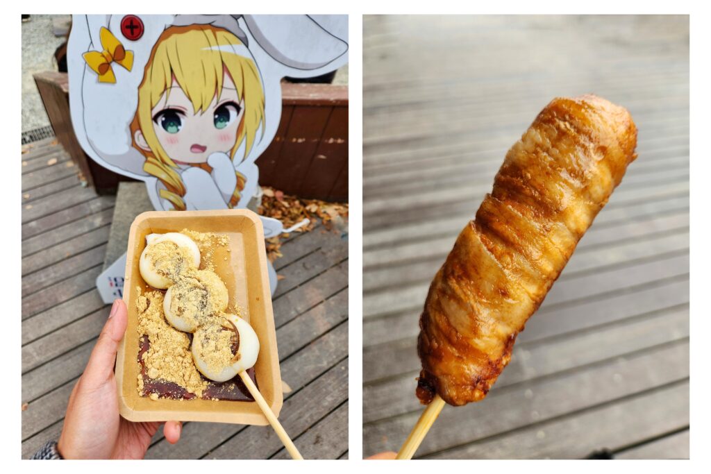 Chewy usagi dango (rabbit dumplings) and savory nikumaki on sticks displayed on wooden plates.