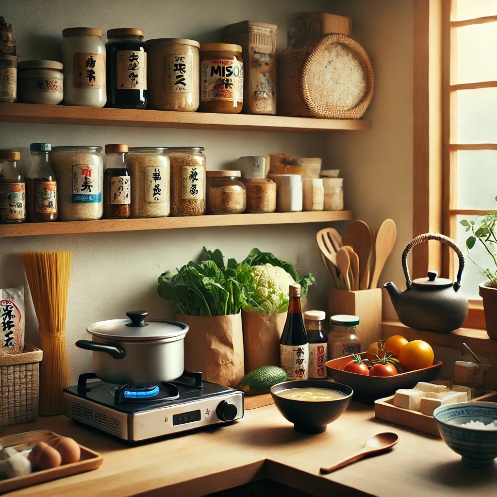 A cozy Japanese kitchen setup with ingredients for budget cooking, including vegetables, miso, spices, and a portable gas stove.