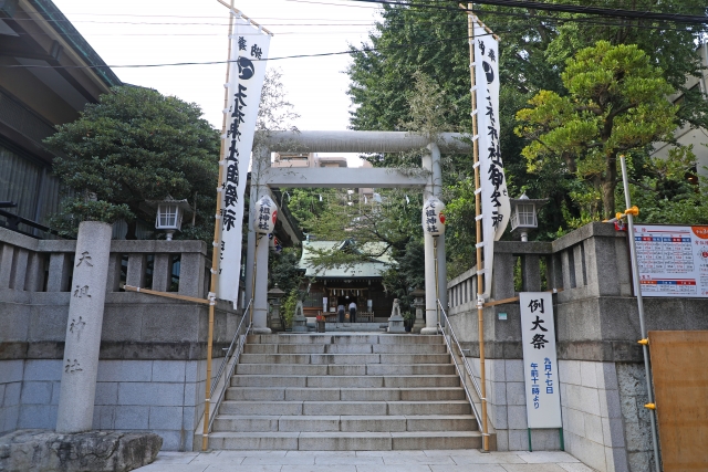 The entrance of Tenso Shrine, featuring a stone torii gate adorned with traditional banners and surrounded by lush greenery.