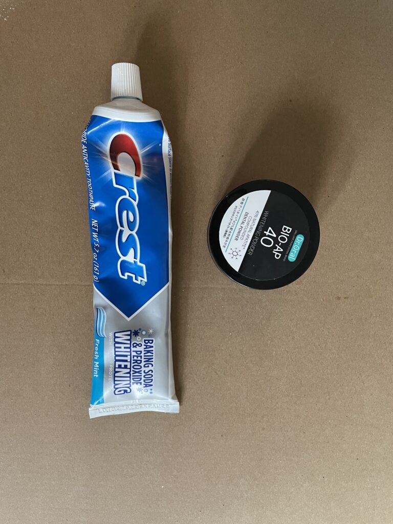 Two toothpaste options: Crest Whitening Toothpaste and Bio AP 40 whitening toothpaste.