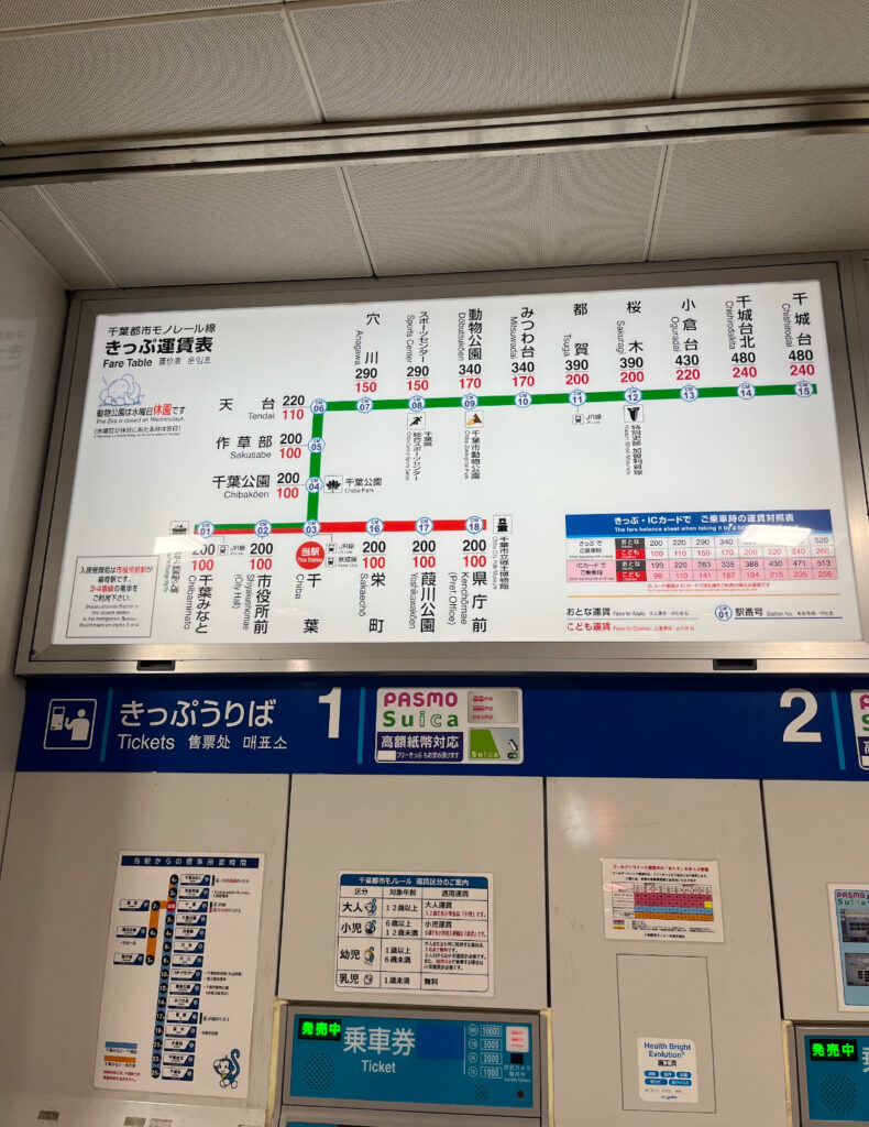  A detailed fare map displayed above ticket machines, showing routes, stops, and prices for various destinations in Tokyo.