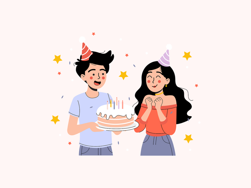 A cartoon-style illustration of a young man and woman celebrating a birthday with a cake and party hats, surrounded by stars and confetti.