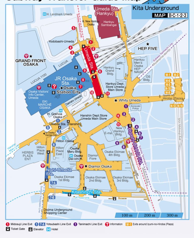 A detailed map of Underground Umeda in Osaka, showing major train lines, shopping areas, and key locations.