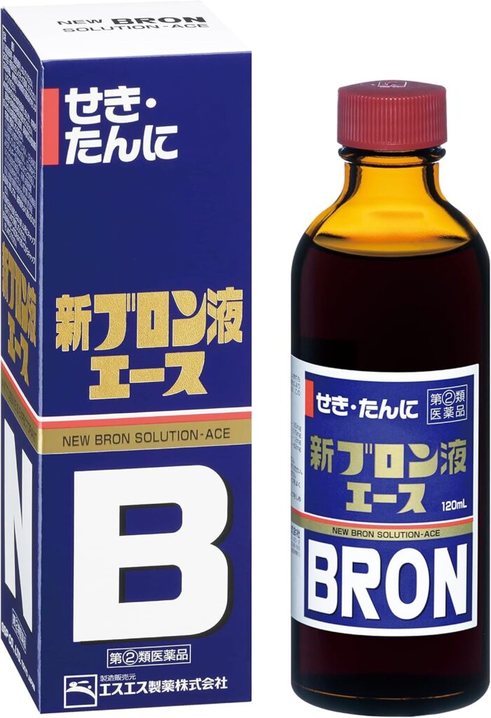 A bottle of Shin Bron Solution-Ace medicine next to its box with Japanese labeling.