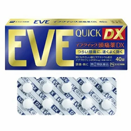 Eve Quick DX headache medicine packaging with a blister pack of tablets, widely used in Japan.