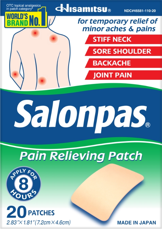 Salonpas pain-relieving patch packaging showing its application for joint pain, stiff neck, and backaches.