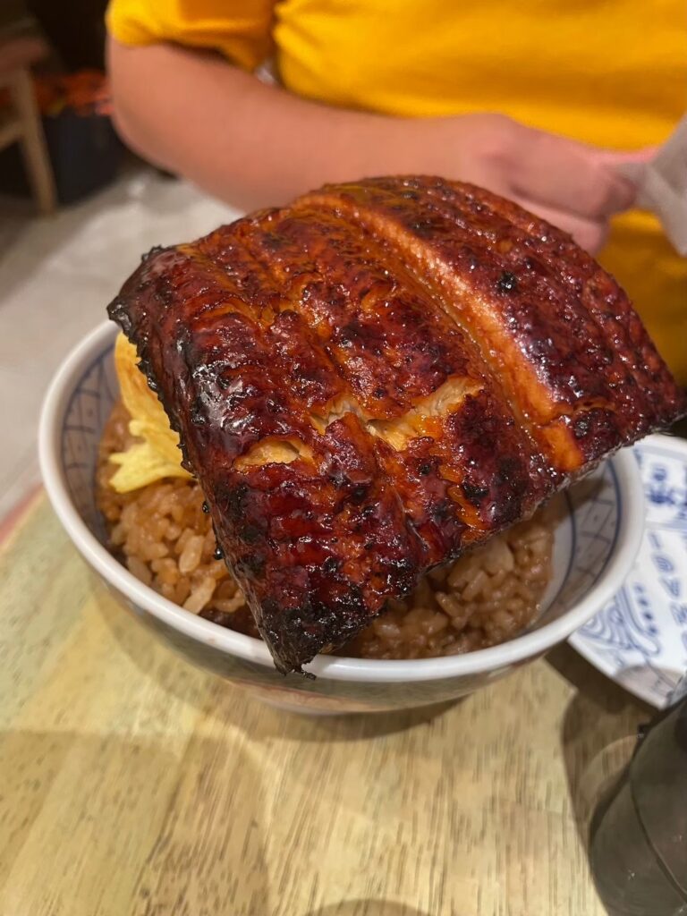 A bowl of rice topped with a large piece of grilled eel glazed with a rich sauce, served at a specialty Umeda restaurant.