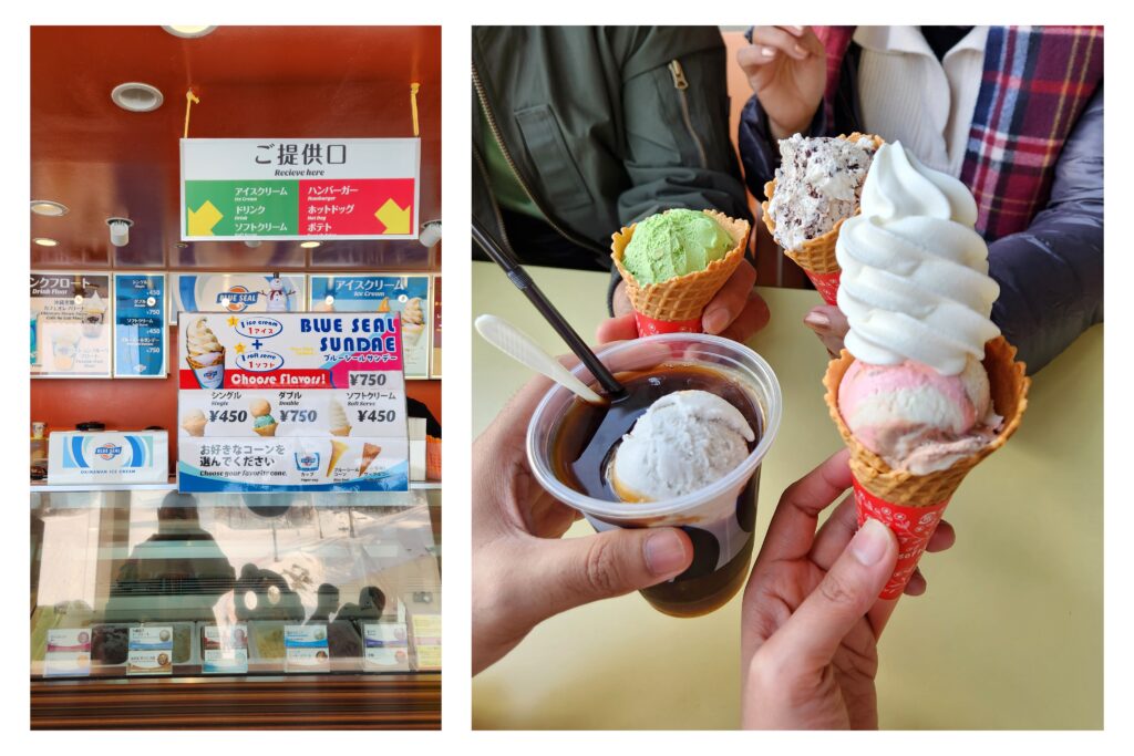 An array of ice cream flavors from Blue Seal Ice Cream, including almond pistachio and Neapolitan.