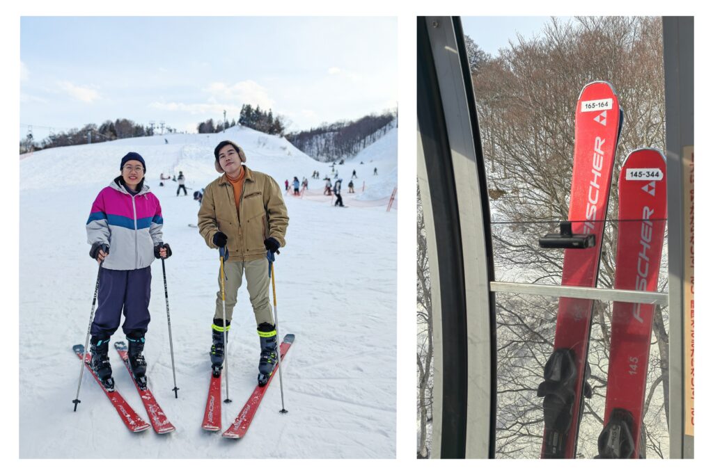 Two skiers posing in colorful winter gear with a ski slope in the background.