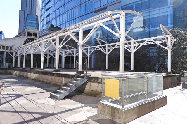 The original Shimbashi Station building, a historical structure that has been repurposed into restaurants, located in the Shiodome district of Tokyo.