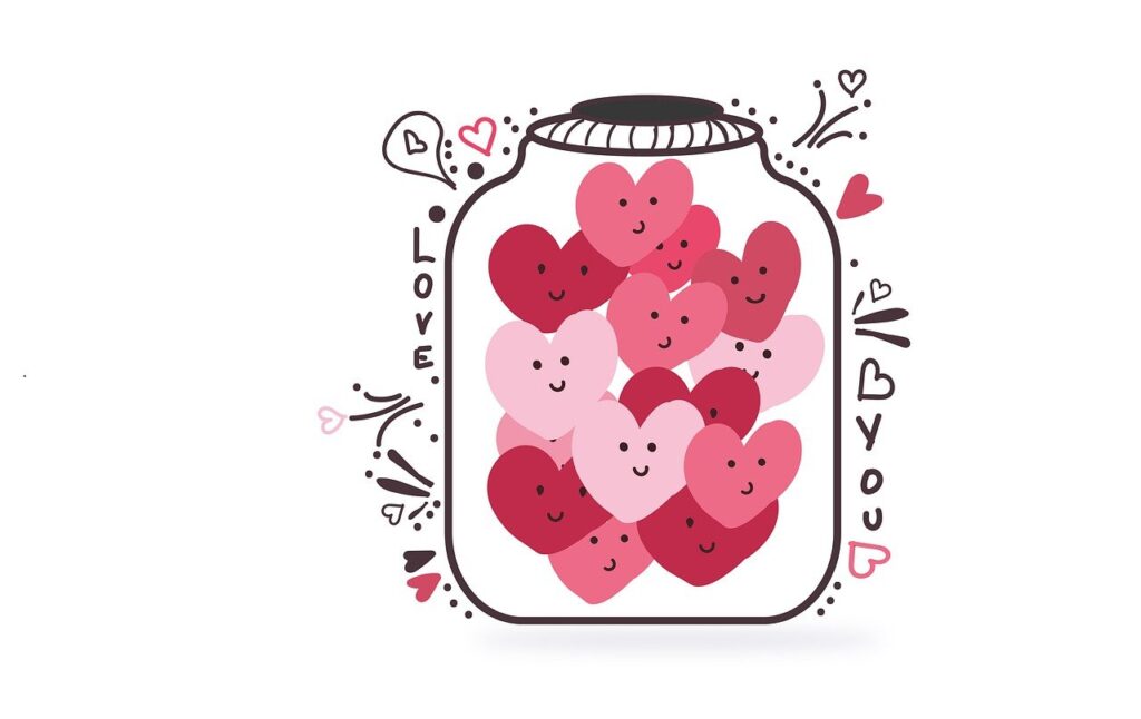 A cute illustration of a jar filled with smiling pink and red hearts, with the words "Love You" written beside it.