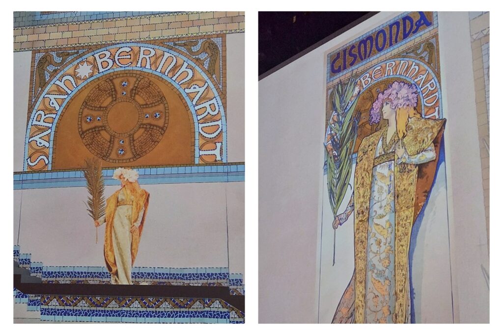 Exhibition panels displaying Mucha’s works, including The Seasons and JOB, highlighting his signature decorative style.