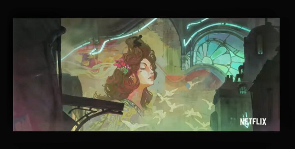 A mural from Arcane, with a female figure reminiscent of Mucha’s signature artistic style.