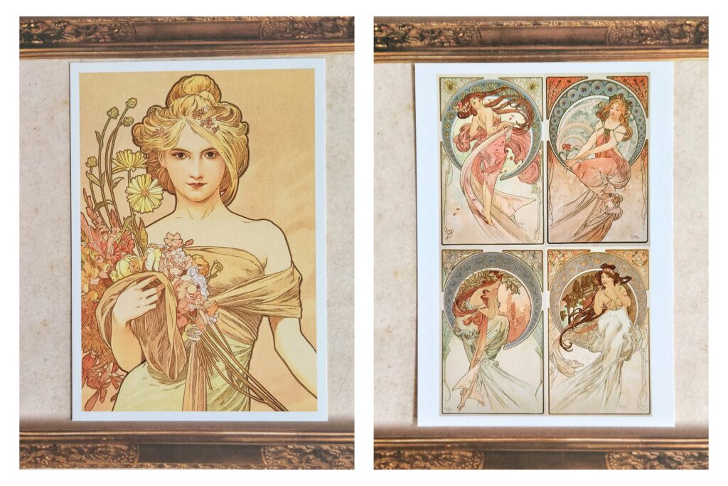 A selection of Mucha-inspired postcards available at the exhibition’s souvenir shop.