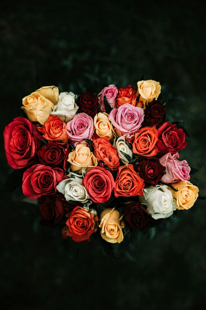 A stunning bouquet of roses in shades of red, pink, white, and yellow, symbolizing love and passion.