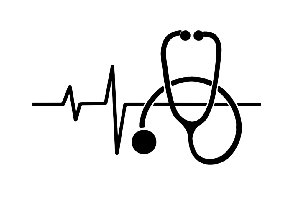 A black-and-white medical symbol featuring a stethoscope and an ECG line.