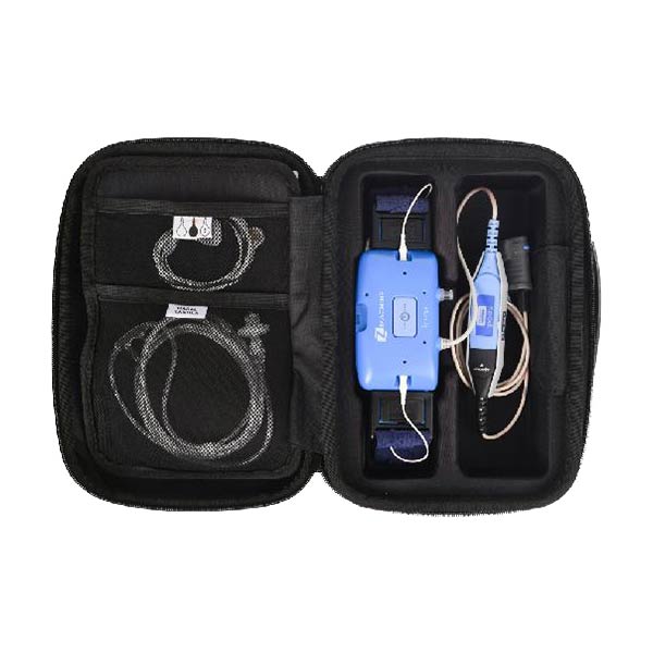 A portable sleep apnea test kit neatly packed in a black case, including sensors and a monitor.