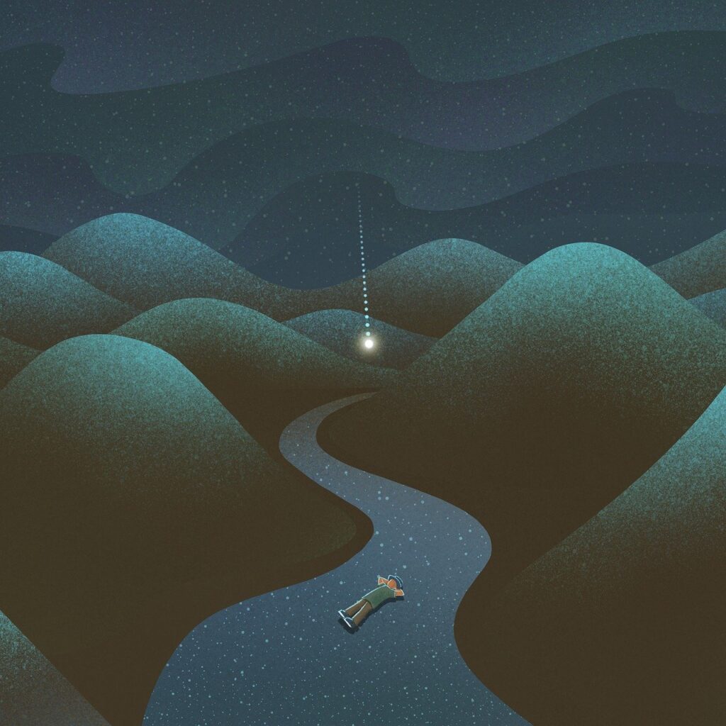 A surreal illustration of a person floating along a winding path in a dreamy, starry landscape to sleep.