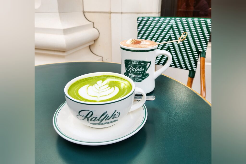  A cup of Uji matcha latte and a hot chocolate with marshmallows, served at Ralph’s Coffee.