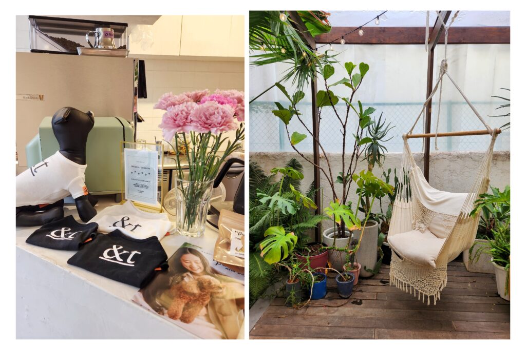 A cozy corner of &t Café featuring pet-friendly merchandise and a tropical-inspired outdoor seating area with lush greenery.