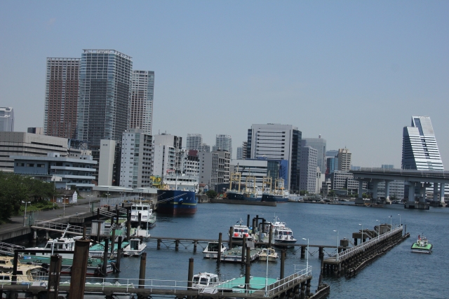 A waterfront view showcasing a mix of modern high-rise buildings, boats, and piers along the canal.