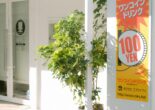 A bright yellow and red sign displaying "100 YEN" outside a white storefront in Japan, surrounded by green plants.