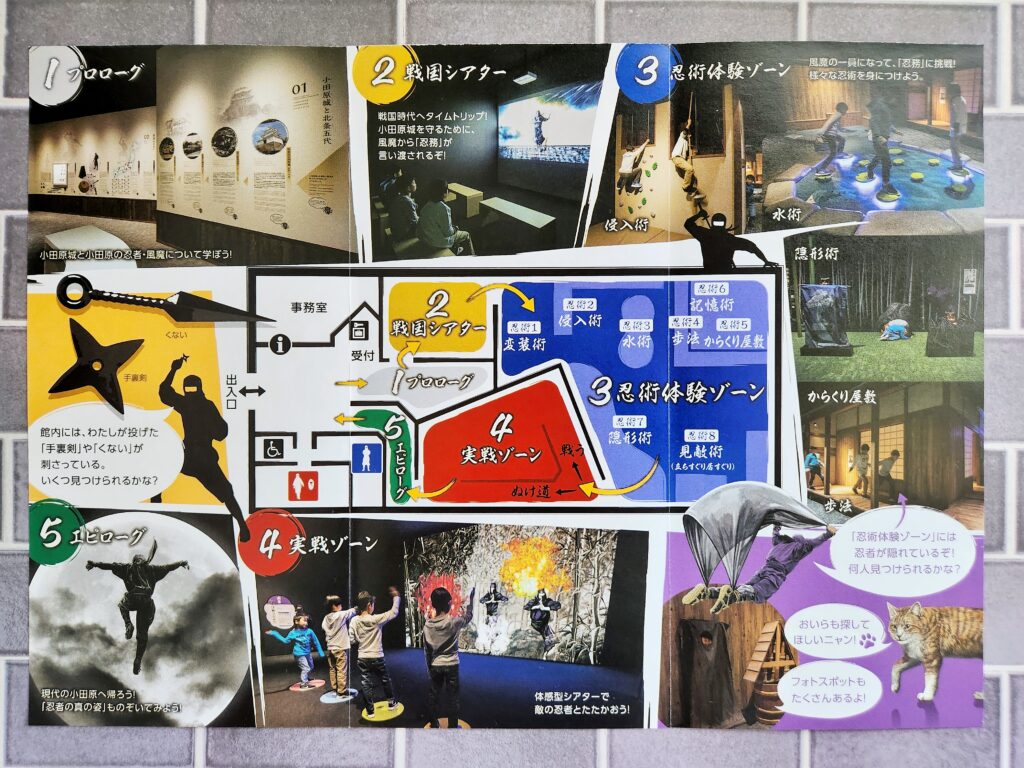 Brochure from Tokiwa Kimon Samurai Center showing exhibition layout and sections featuring Japanese armor and swords.