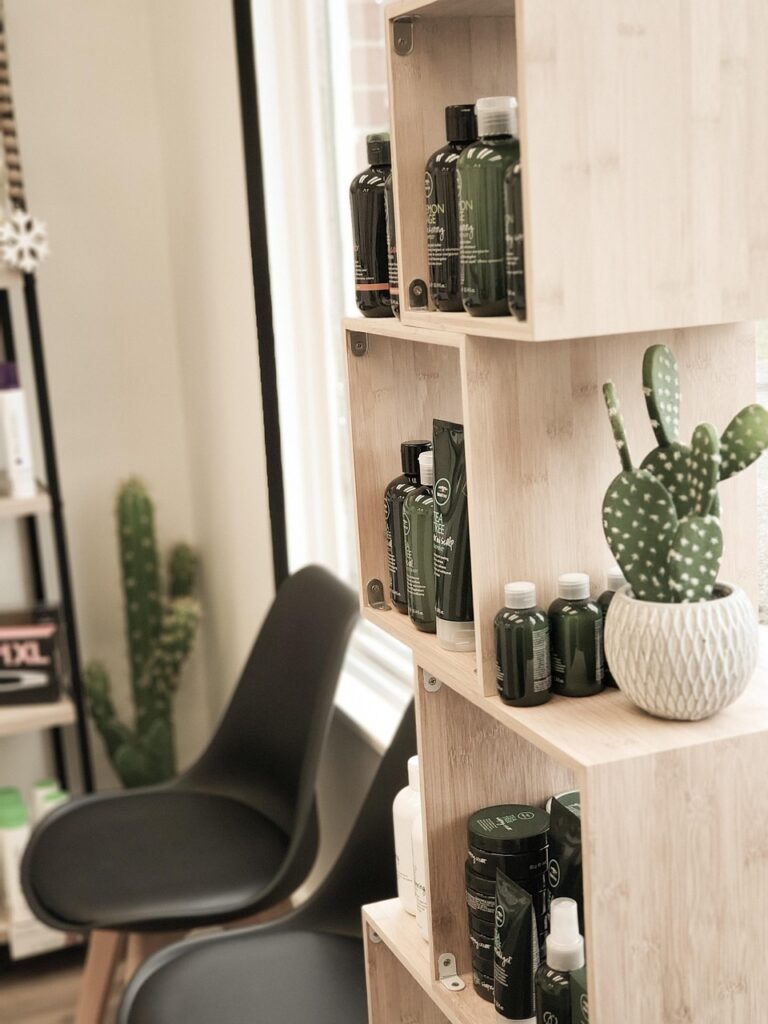 Salon shelf displaying natural products and oils used in recipes.