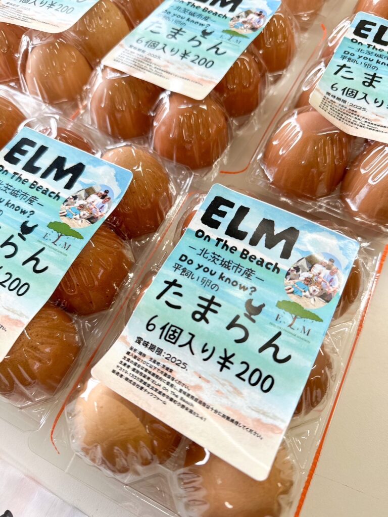 Close-up of Tamaran branded eggs labeled Elm on the Beach, sold in Ibaraki for 200 yen.