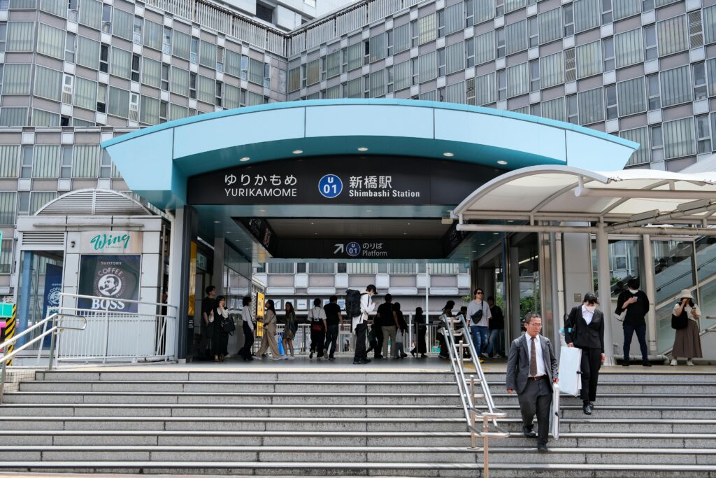 Entrance to Yurikamome Shimbashi Station in Tokyo, Japan.
